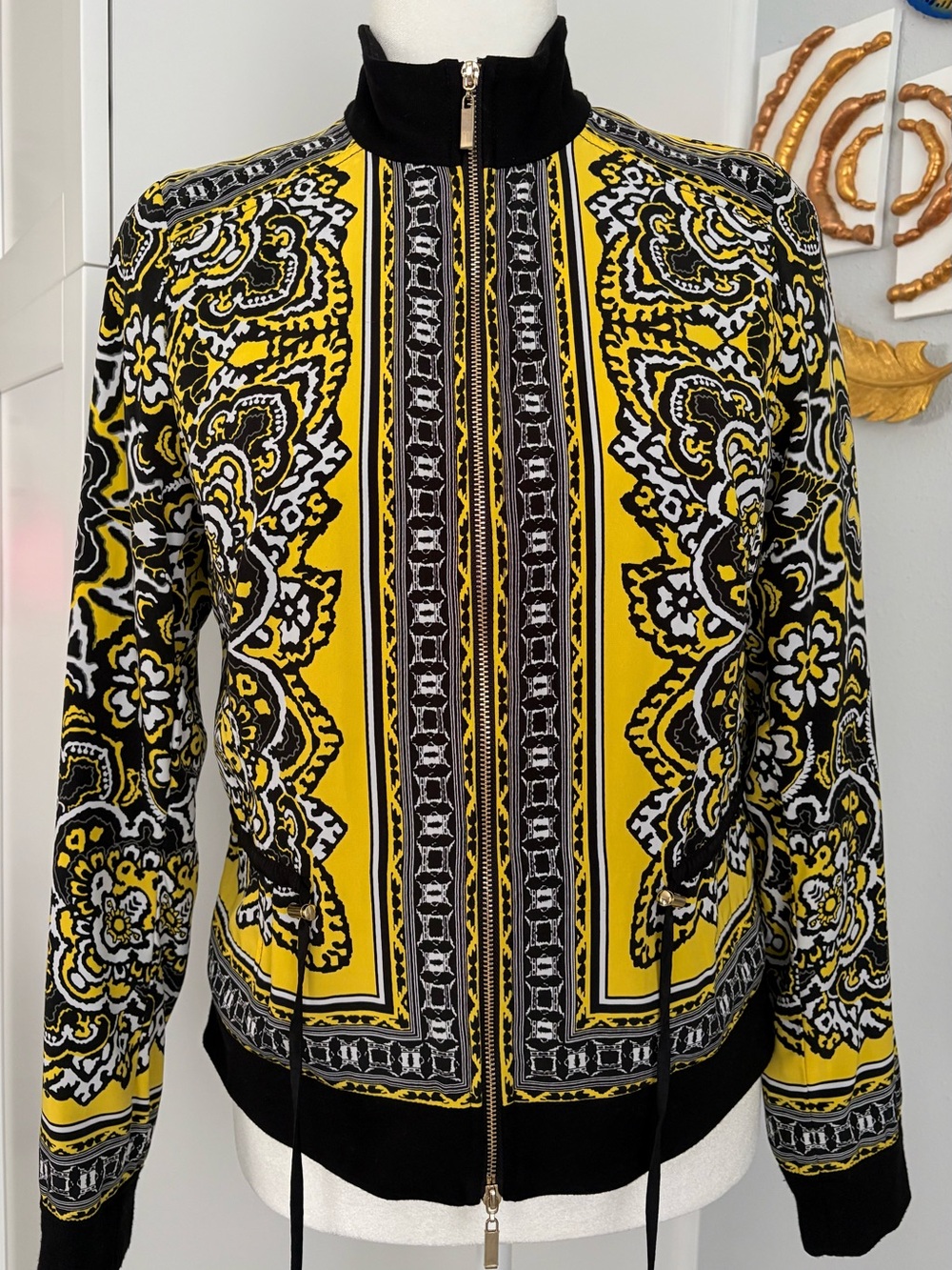 Cache Yellow, Black & White Patterned Zip-Up Bomber Jacket